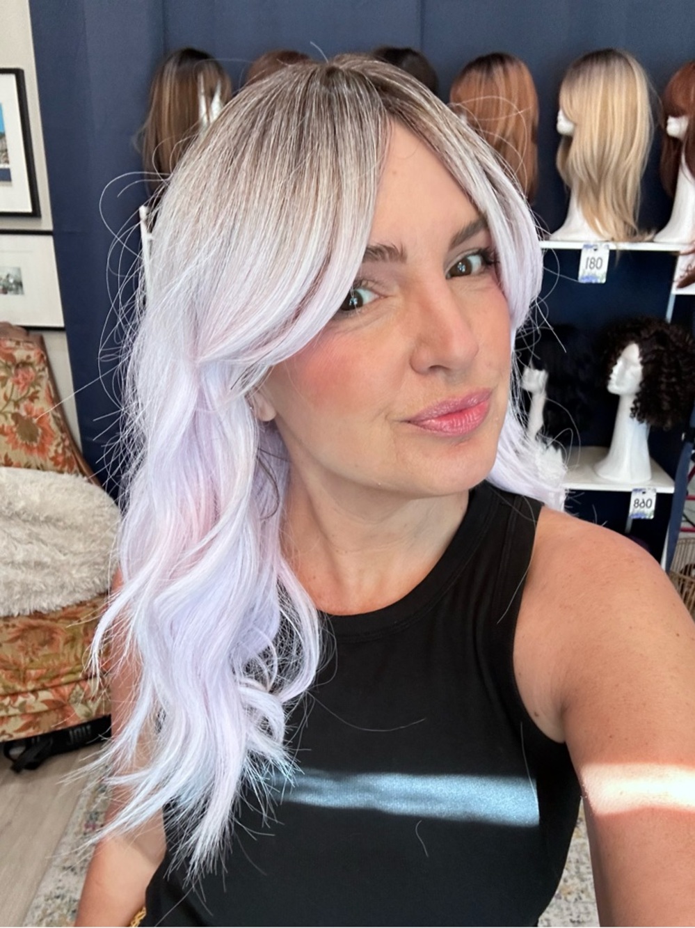 332 “Candi” Lavender Wavy Ombré 18” Dark Roots, Synthetic FULL WIG